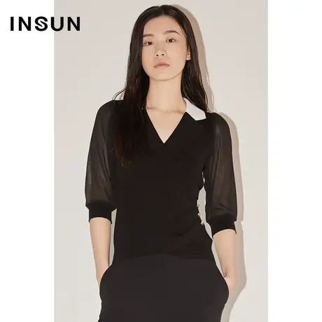 COVER秋季纱线撞色翻驳领叠交针织衫图片