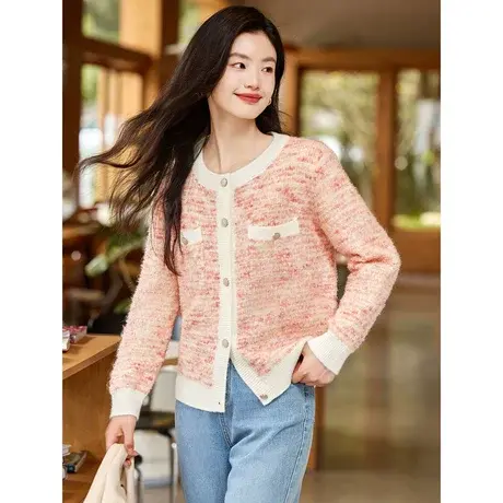 时尚气质开衫2023年秋季新款女士百搭撞色短款宽松长袖圆领毛衣商品大图