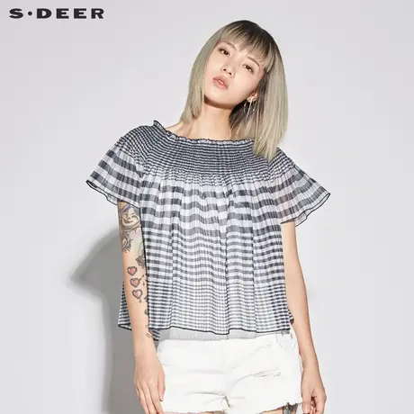 sdeer圣迪奥2018新款女装甜美一字肩撞色格纹短袖衬衫S18280409图片