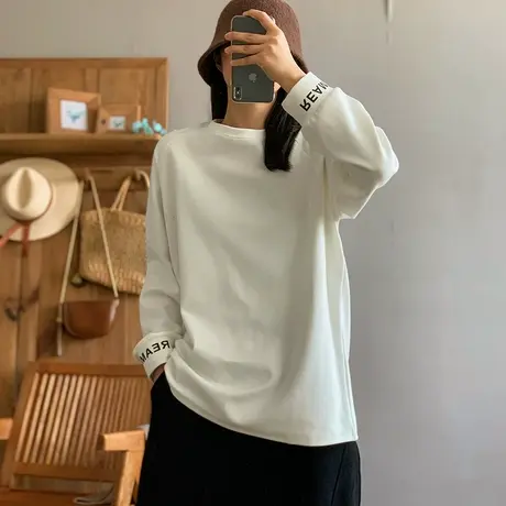 dza 复古宽松薄绒白色长袖T恤女秋冬内搭打底衫休闲短款百搭上衣商品大图