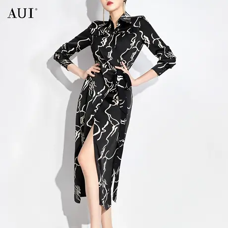 AUI御姐气质花色缎面衬衫连衣裙女2023春新款高腰修身开叉中长裙图片