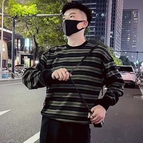 秋季男士学生卫衣t恤上衣套头宽松长袖潮流条纹内搭欧美INS打底衫商品大图