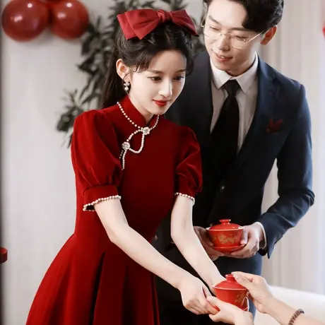 旗袍敬酒服2023新款新娘钉珠中式结婚订婚礼服女夏季红色连衣裙商品大图