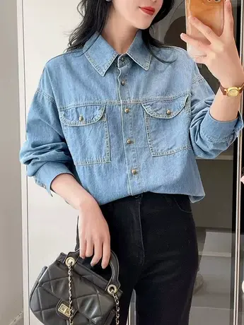 时尚简约宽松牛仔衬衫2024早秋新款女装单排扣纯色百搭长袖上衣潮商品大图