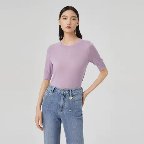LANCY/俪雅春季新款绵羊毛针织衫圆领内搭气质毛衣女图片