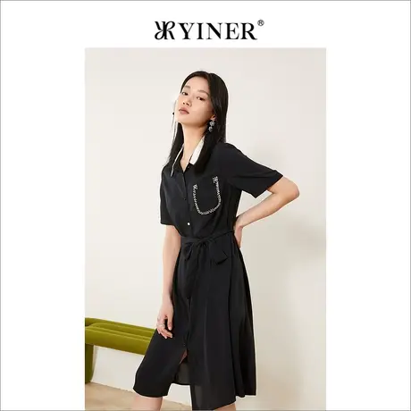 YINER音儿线上专选女装2022夏季法风钉钻撞色翻领polo连衣裙图片