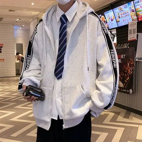 潮牌ins连帽开衫卫衣男秋冬季条纹加绒夹克美式休闲运动宽松外套商品大图