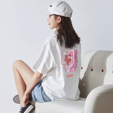 犬系女孩联名白色短袖T恤女2022年夏新款设计感小众宽松纯棉上衣商品大图