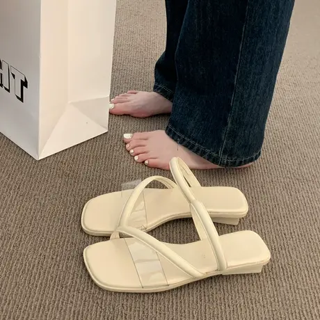 拖鞋女夏外穿凉拖鞋仙女温柔风方头露趾凉鞋透明带法式粗跟高跟鞋商品大图