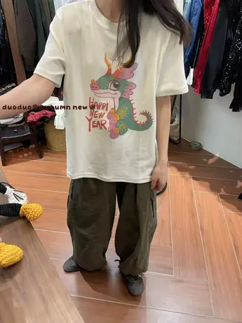 2024春季新款圆领字母卡通图案宽松短袖磨毛T恤打底衫半袖上衣女商品大图