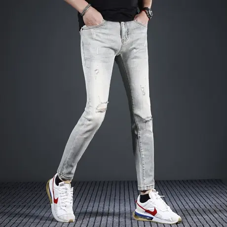 潮牌破洞九分牛仔裤男修身小脚夏季薄款2024新款复古潮流男士裤子商品大图