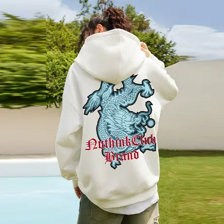 Nuthink国潮龙年本命年龙图案加绒卫衣男潮潮牌宽松情侣连帽外套图片