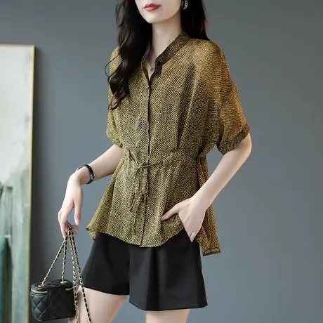 宝诗黎新款蝙蝠袖衬衫女装夏季短袖印花雪纺衬衣2024抽绳收腰上衣商品大图