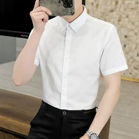 纯色短袖衬衫男士夏季薄款冰丝商务休闲衬衣韩版潮流帅气男装寸衣商品大图