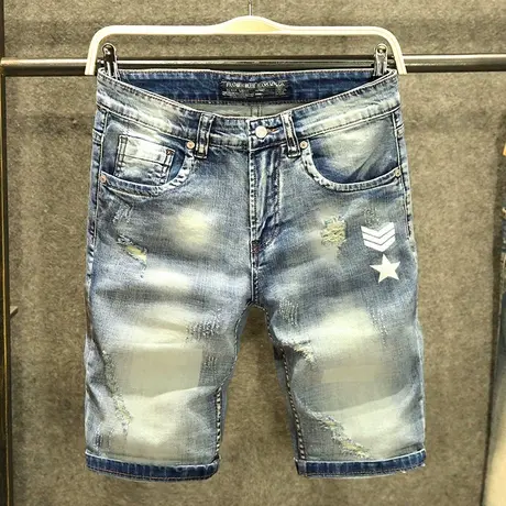 夏季浅色破洞牛仔短裤男修身潮五分裤子欧美高街时尚乞丐中裤薄款商品大图