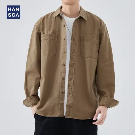 hansca日系复古长袖衬衫男秋冬款潮牌纯棉宽松痞帅青少年休闲外套商品大图