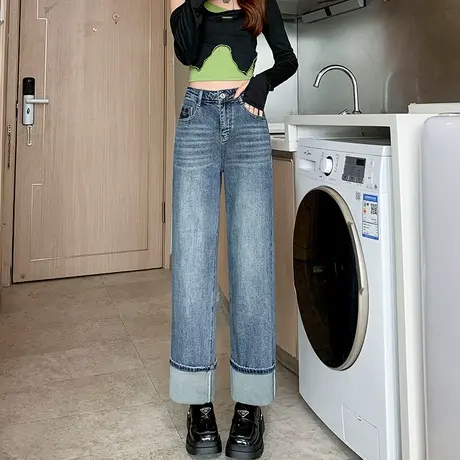 蓝色窄版阔腿牛仔裤女2024春秋新款高腰宽松百搭显瘦直筒拖地长裤图片