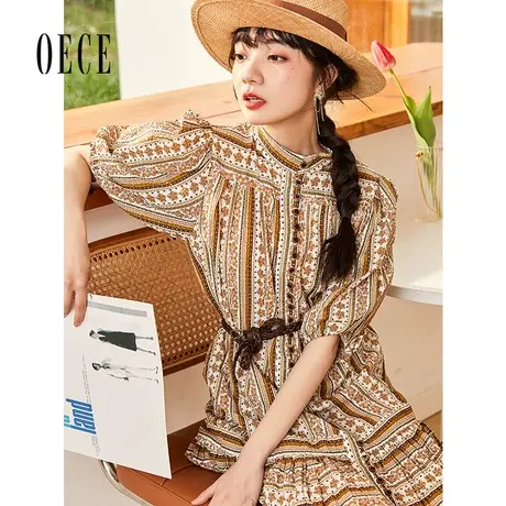 Oece复古几何印花裙子春夏装新款女装南法高腰修身短袖连衣裙图片