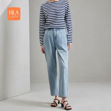 HLA/海澜之家微弹牛仔裤2024春夏新款松紧腰直筒休闲时尚裤子女装商品大图