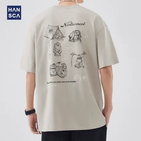 hansca 圆领落肩短袖T恤男夏季新款日系复古重磅水洗宽松休闲上衣商品大图