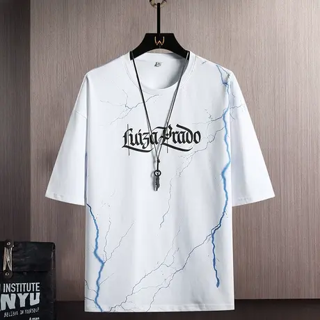 短袖棉感t恤男夏季ins潮牌男装2023新款港风宽松圆领体恤半袖上衣商品大图