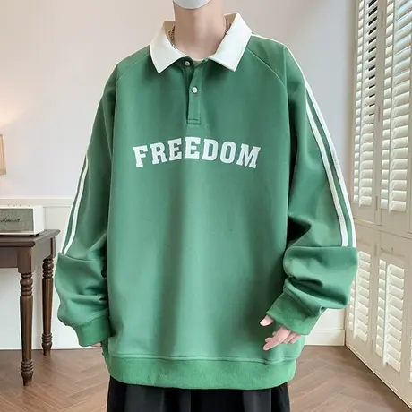 美式Polo衫长袖男春秋季新款潮牌宽松字母提花翻领卫衣男士上衣服图片