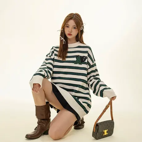 奶fufu慵懒风条纹毛衣女秋冬2023新款套头宽松复古潮牌针织衫上衣商品大图