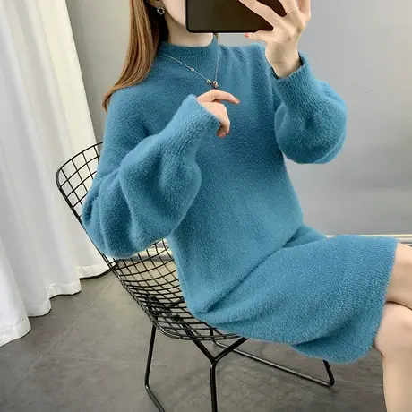 水貂绒毛衣女2023年秋冬新款宽松加厚中长款外套女士半高领打底衫图片