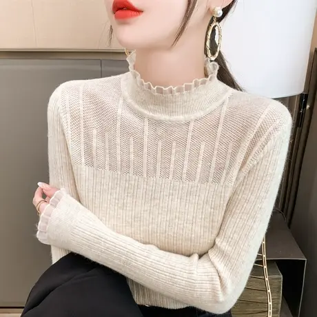 蕾丝半高领毛衣女打底衫2023秋冬新款修身内搭上衣镂空外穿针织衫图片
