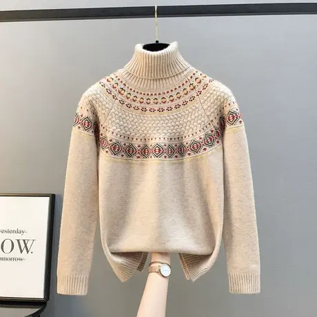 2023年秋冬新款高领毛衣女套头宽松外穿撞色针织衫女内搭打底衫女图片