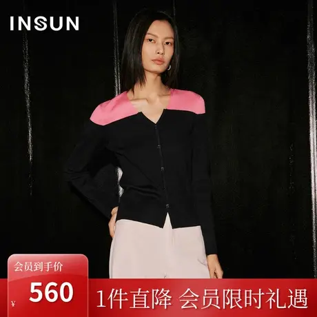 恩裳COVER2023年秋季新款时尚撞色保暖舒适羊毛针织衫修身V领开衫商品大图