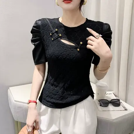 复古气质泡泡袖T恤女2023夏季新款性感镂空心机上衣修身盘扣小衫商品大图