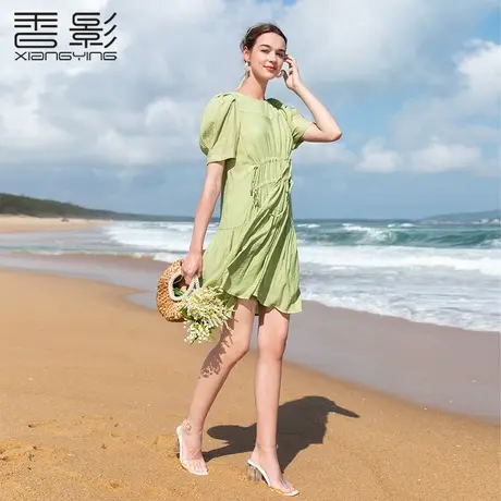 香影泡泡袖连衣裙女2023年夏季新款休闲宽松显瘦抽绳收腰绿色裙子图片
