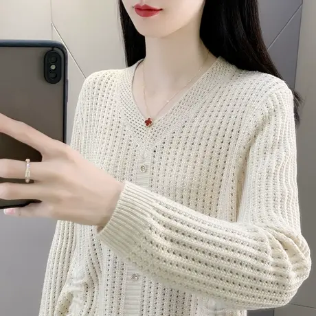 秋装新款2023年早秋女士v领镂空抽绳针织打底衫薄款洋气短款毛衣商品大图