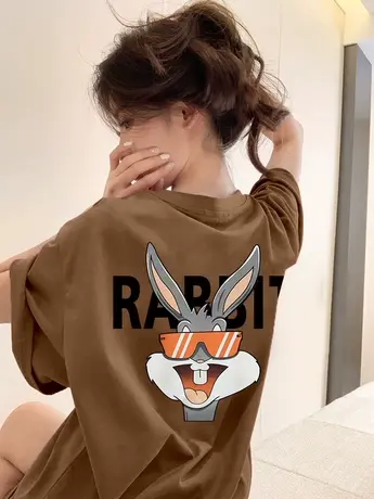 短袖t恤女2023年春夏季新款oversize宽松洋气减龄兔子纯棉上衣潮图片