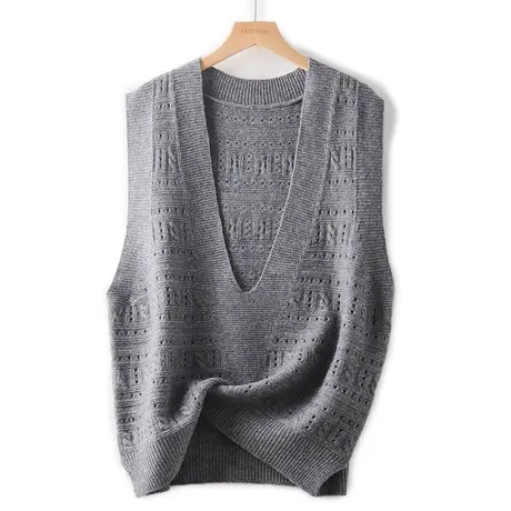 100全羊毛针织马甲背心女春秋2023新款纯色百搭V领镂空外搭马夹潮图片