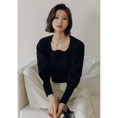 弥古黑色毛衣针织衫法式泡泡袖显瘦上衣女气质内搭高级感春秋打底商品大图