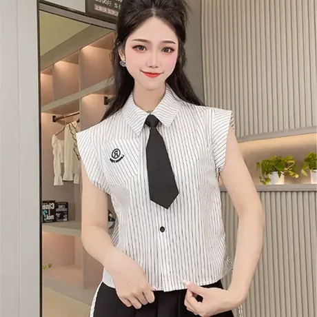 学院风刺绣条纹衬衫女小个子个性上衣显瘦夏季设计感领带无袖衬衣商品大图