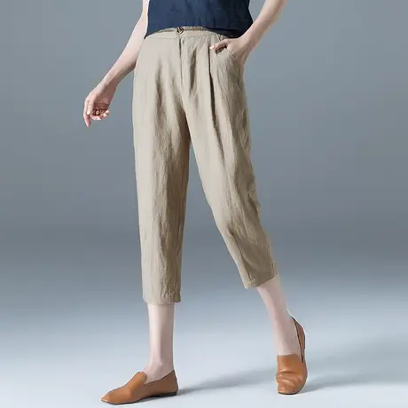 棉麻女裤夏薄款七分裤2023新款休闲亚麻裤子夏季八分裤萝卜哈伦裤商品大图