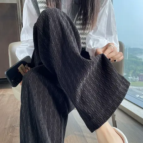黑色提花阔腿裤女2023年春秋新款高腰垂感宽松显瘦休闲针织直筒裤商品大图