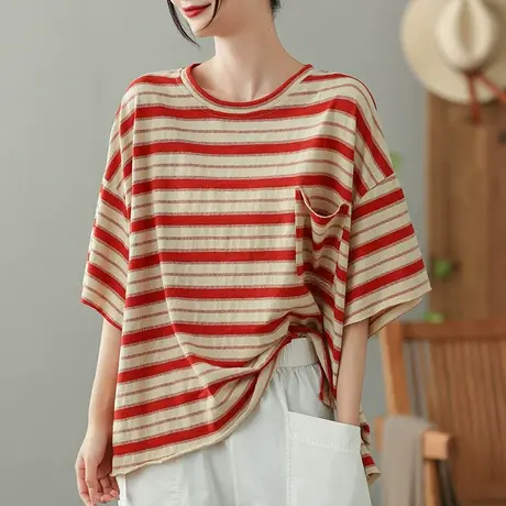 dza纯棉条纹口袋T恤女2023夏季薄款圆领打底体恤宽松显瘦套头上衣商品大图