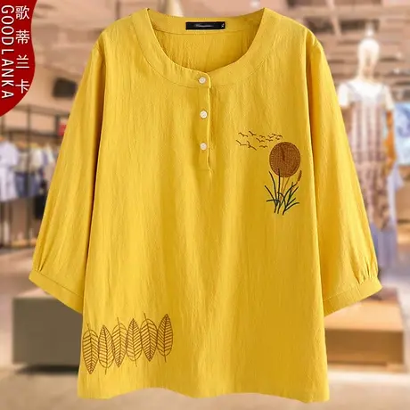 中老年妈妈夏装短袖t恤女大码宽松遮肚洋气刺绣妈妈装棉麻T恤上衣商品大图