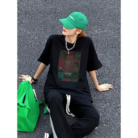 美式复古纯棉正肩短袖t恤女夏季宽松潮牌ins设计感小众半袖上衣服商品大图