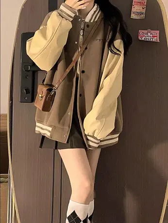 vintage外套女2022新款春秋上衣oversize美式复古夹克棒球服潮ins图片