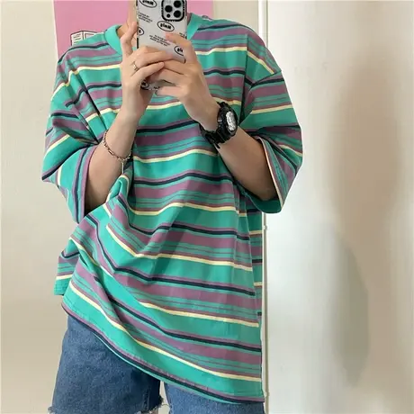 红续盐系复古条纹短袖女2023夏季新款纯棉宽松T恤小个子上衣ins潮图片