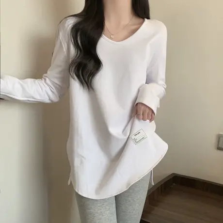 白色内搭外穿打底衫女2023秋季新款宽松显瘦磨毛德绒长袖T恤上衣商品大图