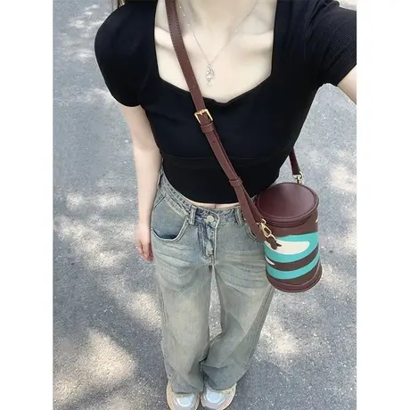 纯棉方领正肩短袖t恤女夏季新款设计感小众美式复古修身短款上衣商品大图