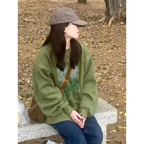 圆领卫衣女春秋季薄款复古港味chic潮牌oversize宽松落肩长袖上衣商品大图