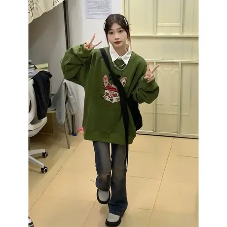 设计感兔子印花卫衣女秋冬新款加绒加厚ins潮牌国潮宽松大码外套图片