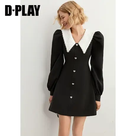 DPLAY早春新法式复古风高腰A字连衣裙气质赫本风修身小黑裙图片